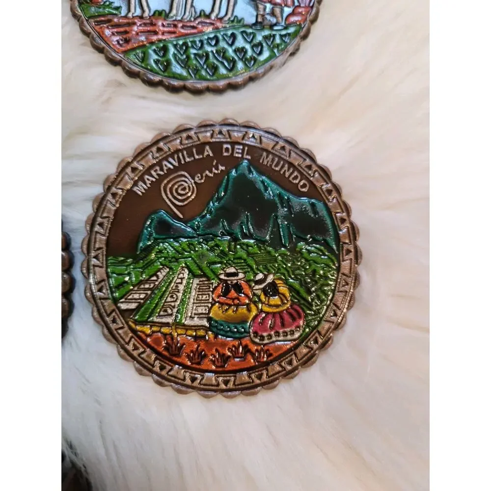 Peru Handpainted Coasters Llama Set 6 W/ Holder Folk Art Souvenir Mixed Material